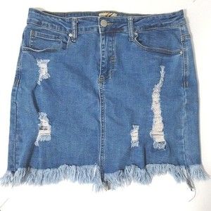 Denim BLVD Los Angeles Fringed Distressed Ripped Mini Skirt Large Trendy Chic